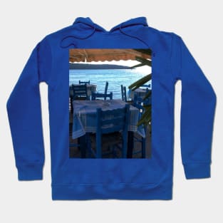 Scenic view on Mediterranean sea from Greek restaurant with blue chairs Hoodie